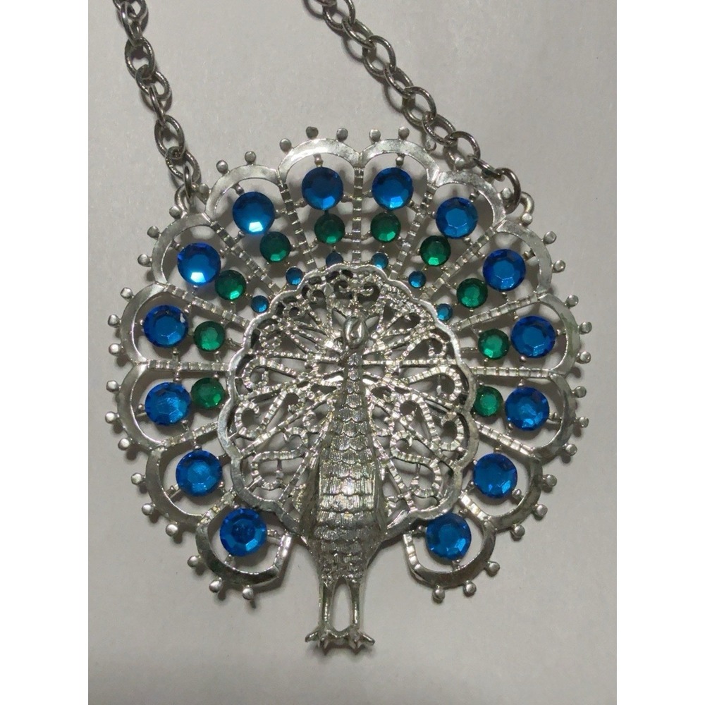 T20250-Vintage Gold Crown Inc Peacock Necklace Silver Tone Blue Green Rhinestone